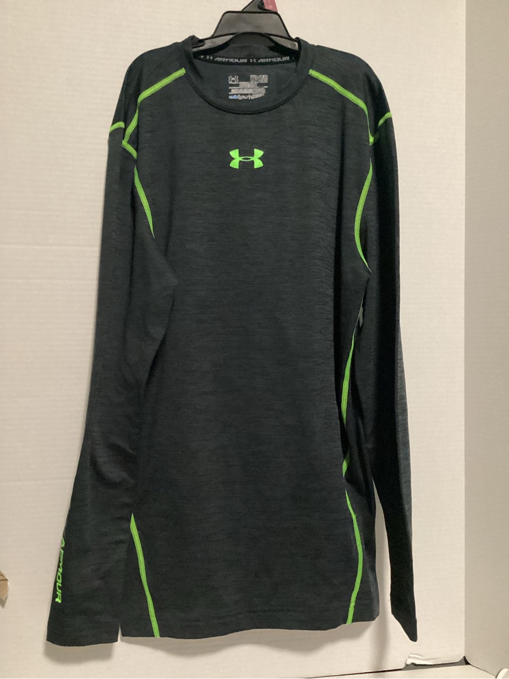 Under Armour Black Long-Sleeve Compression Tee with Neon Green Accents Size M